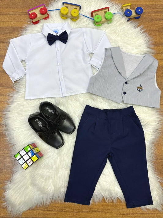 Conjunto Formal: Pantalón, Chaleco, Corbata Gris y Camisa Blanca 