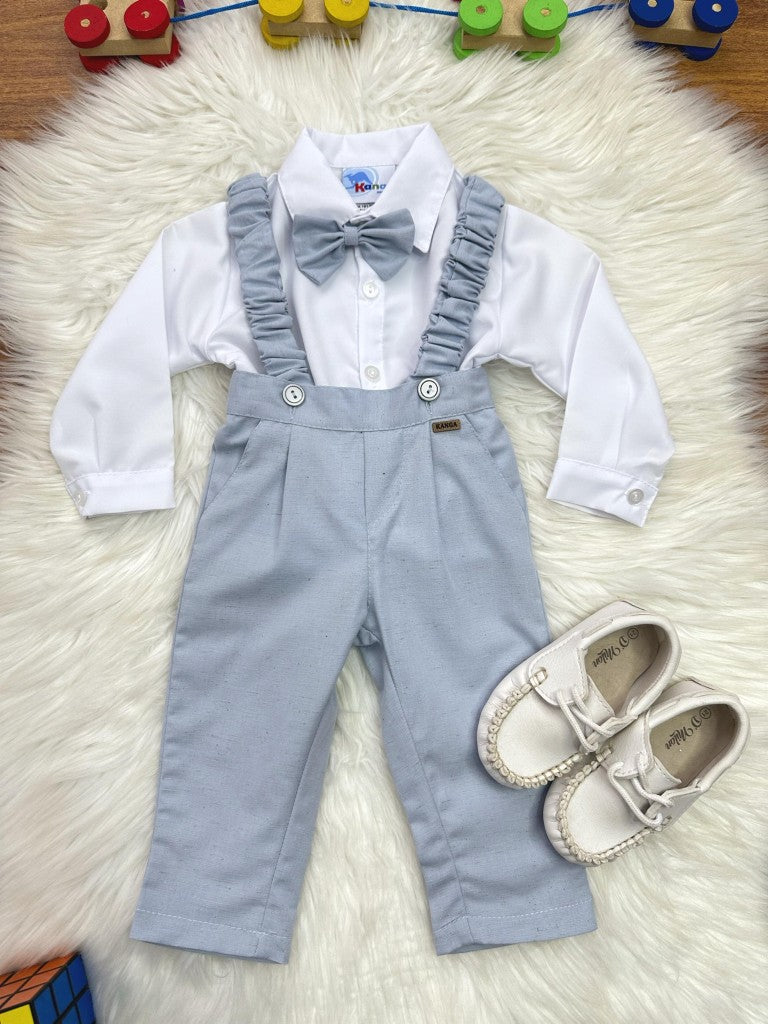 Conjunto social para bebé, camisa blanca, pantalón con tirantes y corbata azul