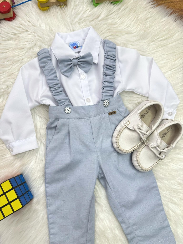 Conjunto social para bebé, camisa blanca, pantalón con tirantes y corbata azul