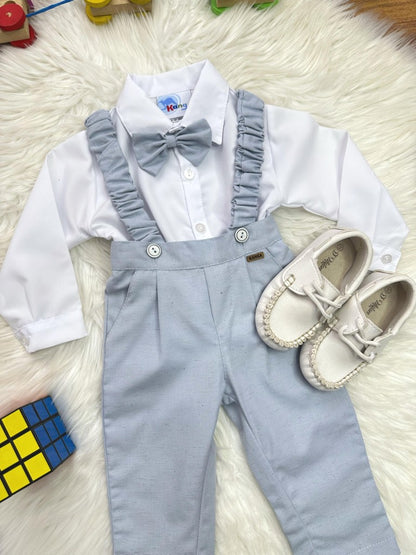 Conjunto social para bebé, camisa blanca, pantalón con tirantes y corbata azul