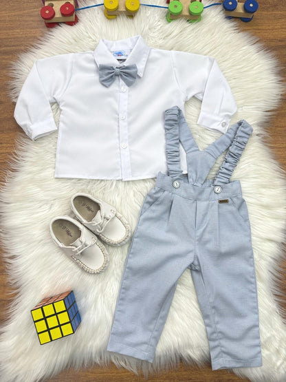 Conjunto social para bebé, camisa blanca, pantalón con tirantes y corbata azul