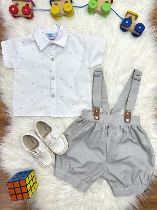 Conjunto social para bebé, camisa blanca, pantalón corto, corbata y tirantes grises