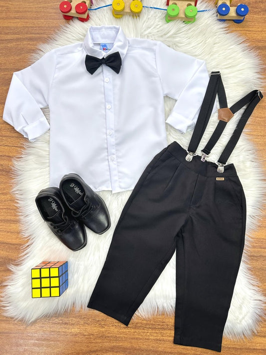 Conjunto formal de paje: camisa blanca, pantalón y tirantes negros