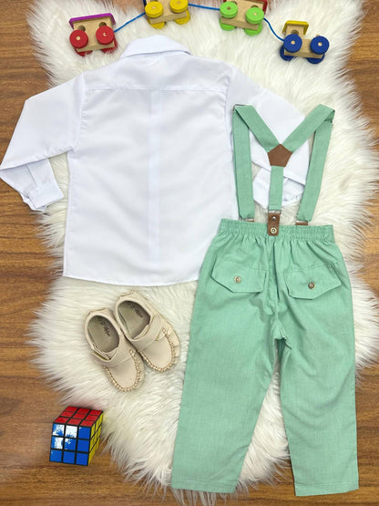 Conjunto Formal Camisa Blanca con Pantalón Corbata y Tirantes Verdes