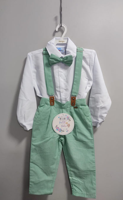 Conjunto Formal Camisa Blanca con Pantalón Corbata y Tirantes Verdes