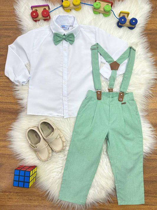 Conjunto Formal Camisa Blanca con Pantalón Corbata y Tirantes Verdes