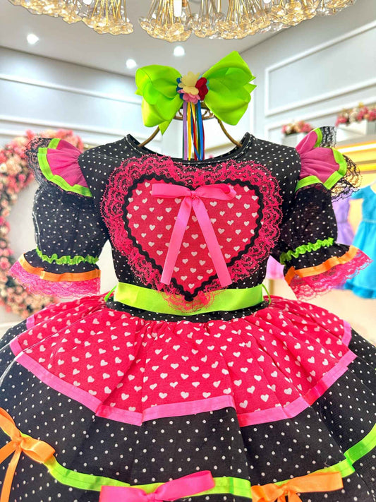 Vestido infantil de junio negro y colorido con volantes de lujo