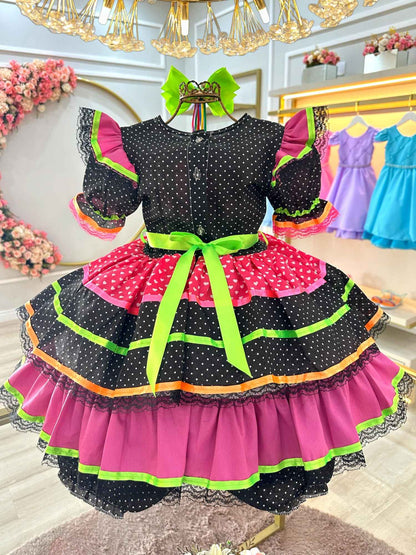 Vestido infantil de junio negro y colorido con volantes de lujo