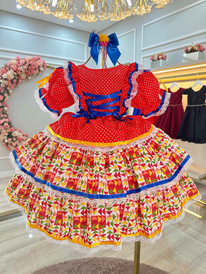 Vestido y falda Arraiá Junino rojo con volantes de colores