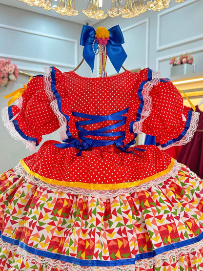 Vestido y falda Arraiá Junino rojo con volantes de colores