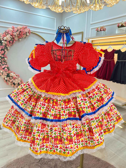 Vestido y falda Arraiá Junino rojo con volantes de colores
