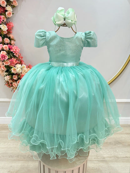 Vestido infantil verde menta con pedrería para bodas, fiestas y eventos de lujo.