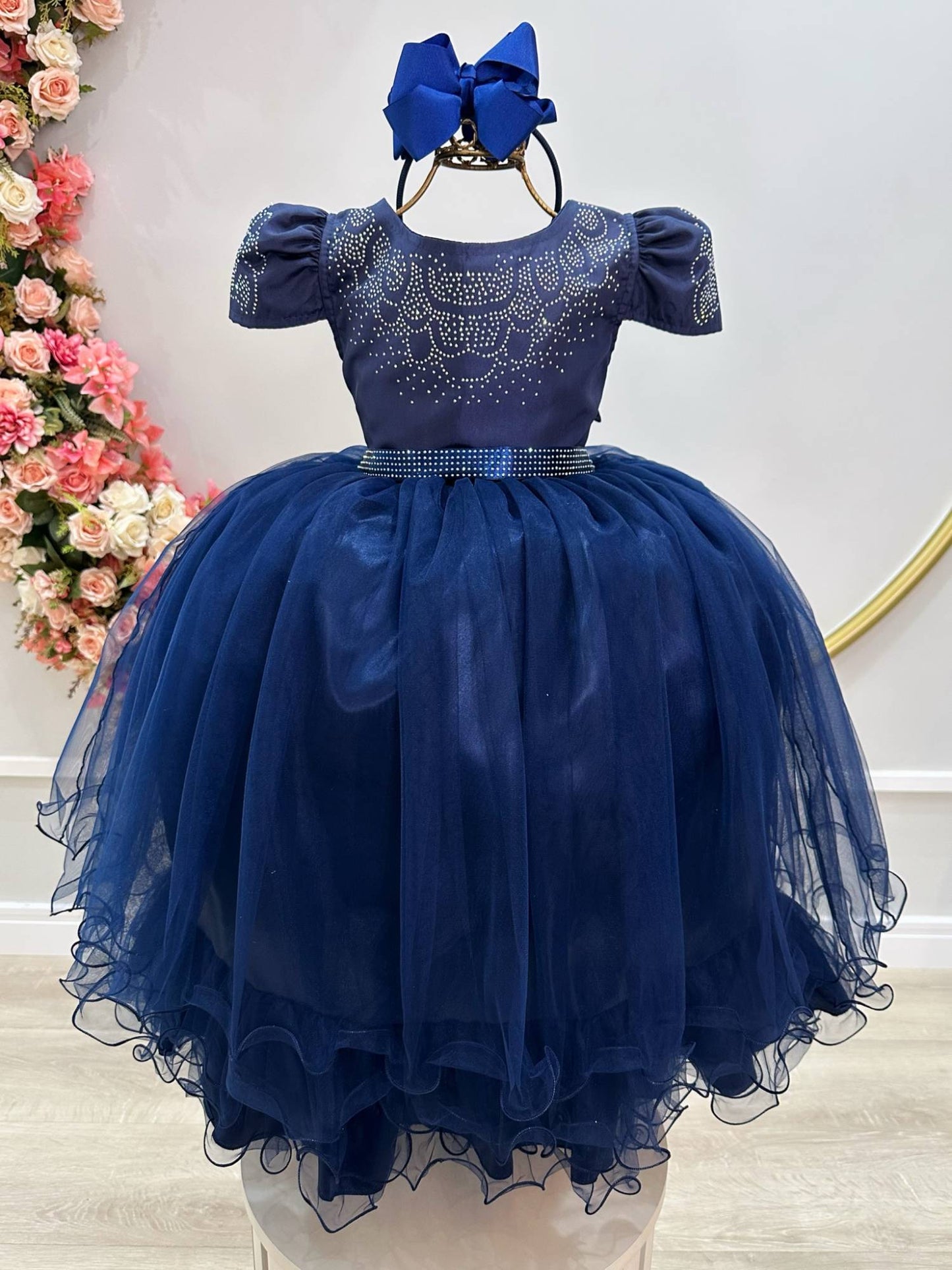 Vestido infantil azul marino con pedrería de lujo