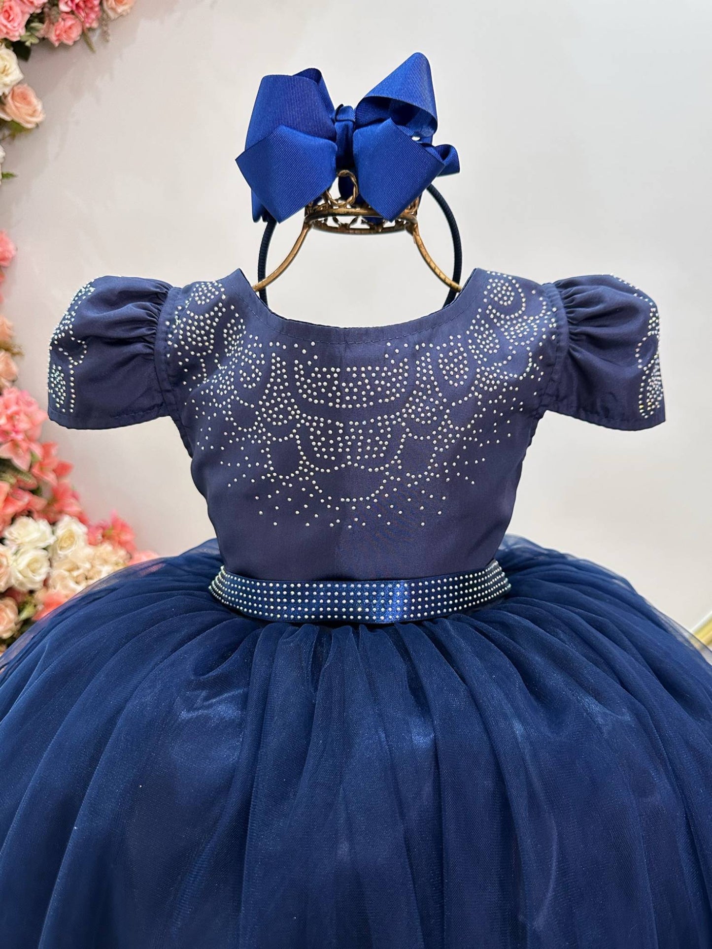 Vestido infantil azul marino con pedrería de lujo