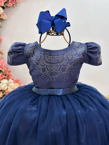 Vestido infantil azul marino con pedrería de lujo