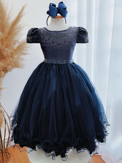Vestido infantil azul marino con pedrería de lujo