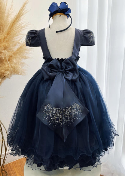 Vestido infantil azul marino con pedrería de lujo