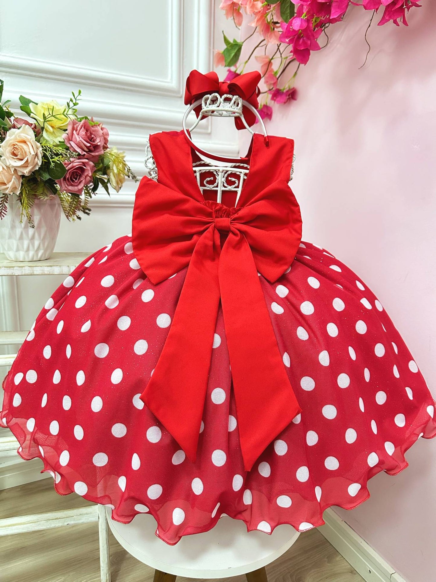 Vestido Infantil Minnie Vermelho Bolinhas Brancas Festas Luxo