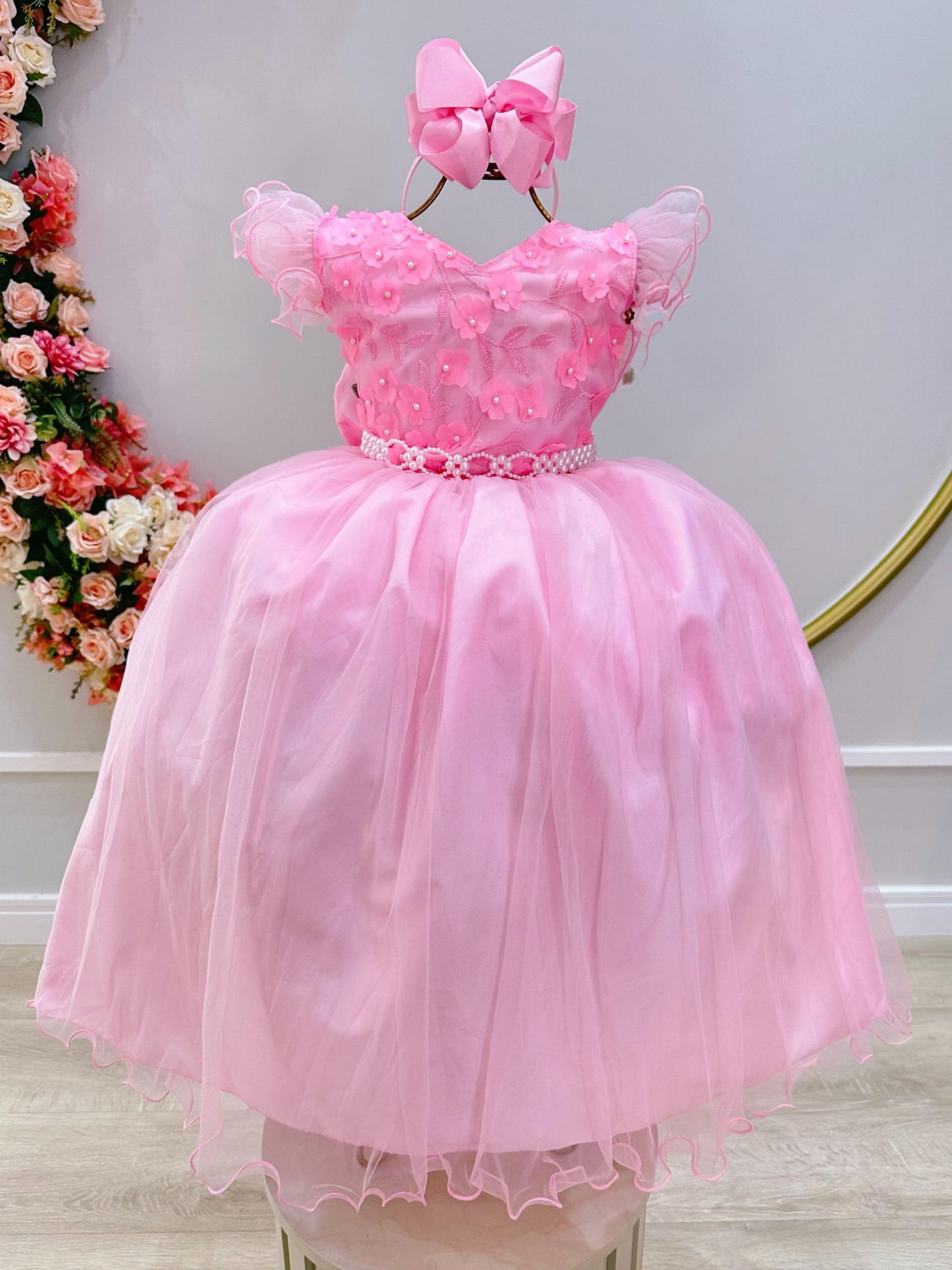 Vestido largo rosa infantil con apliques y encaje para mujer