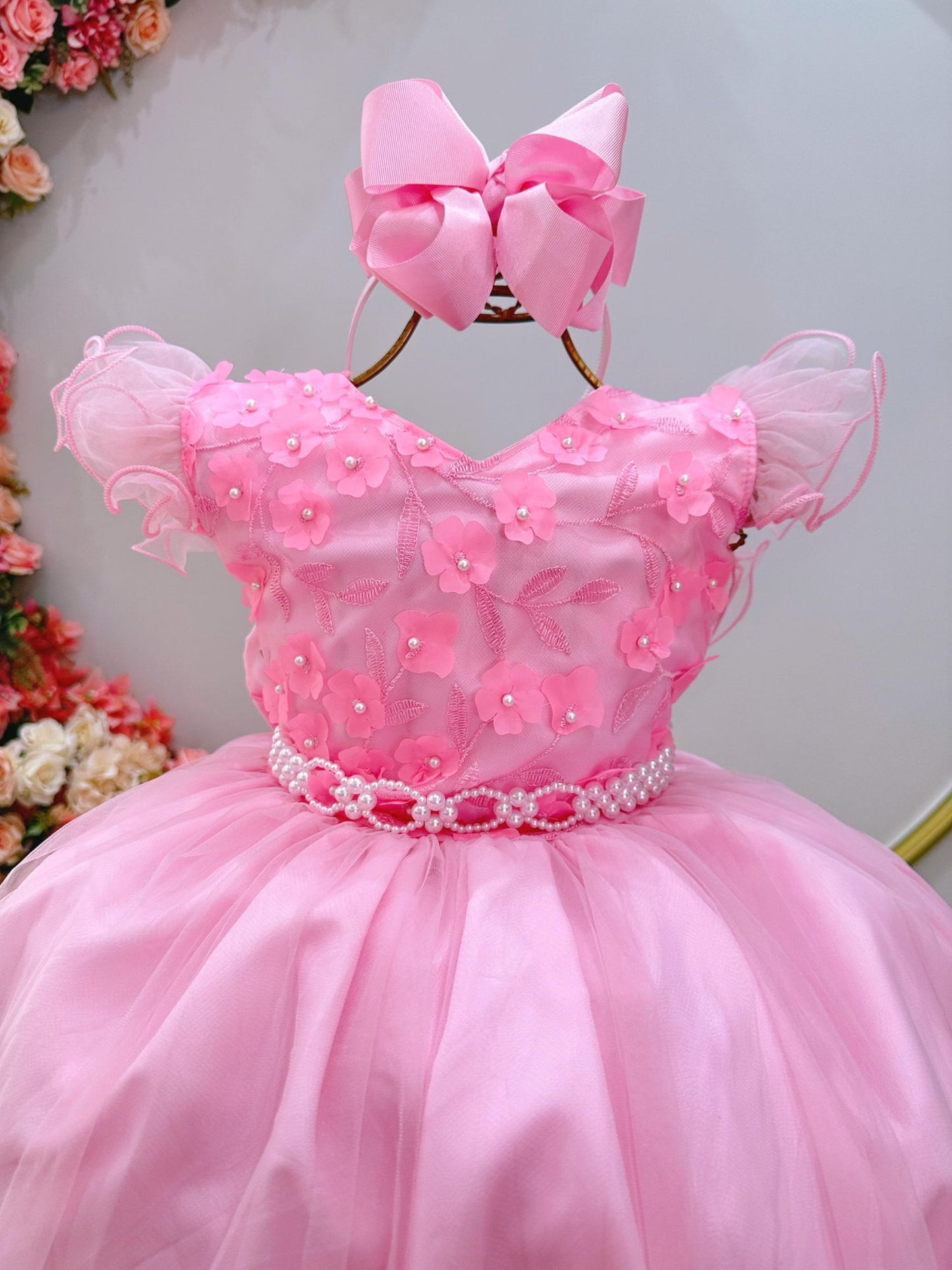 Vestido largo rosa infantil con apliques y encaje para mujer