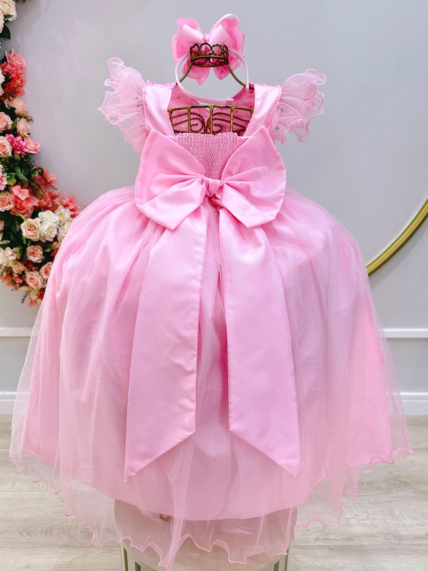 Vestido largo rosa infantil con apliques y encaje para mujer