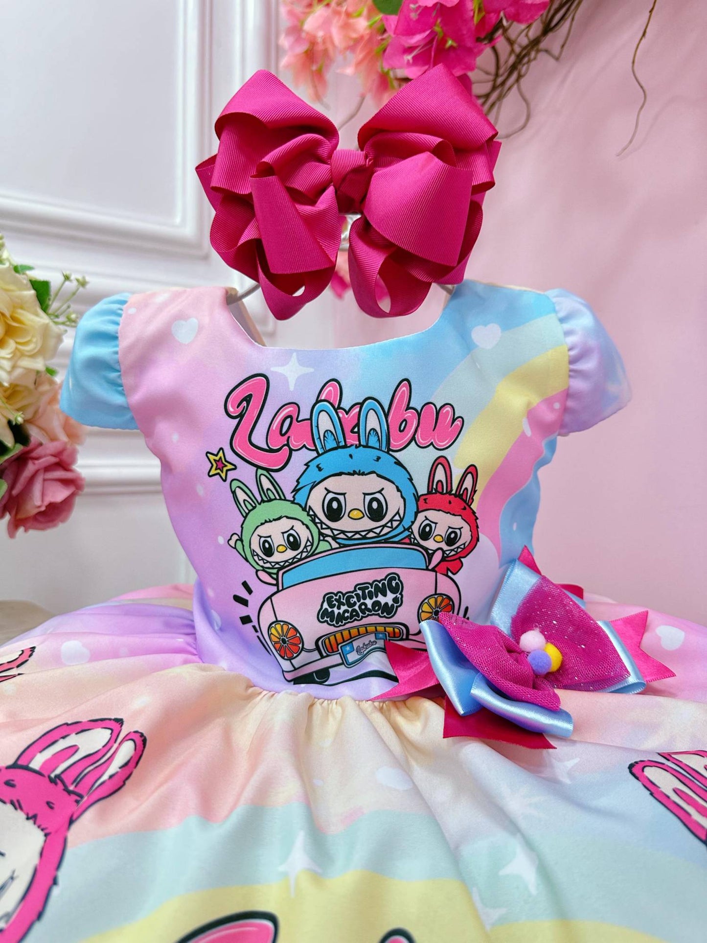 Vestido Infantil Labubu 3D Colorido Festas