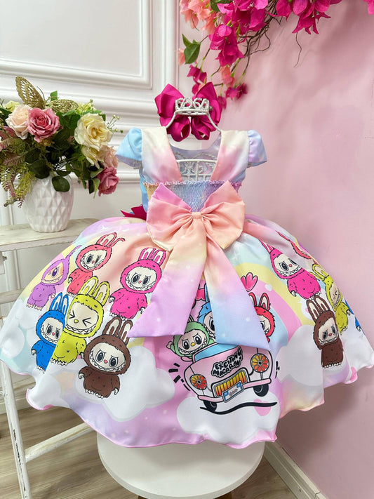 Vestido Infantil Labubu 3D Colorido Festas