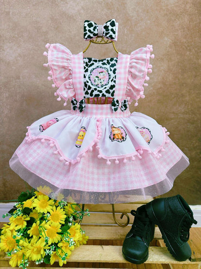 Mono de granja de vaca a cuadros rosas con lazo para fiestas de lujo