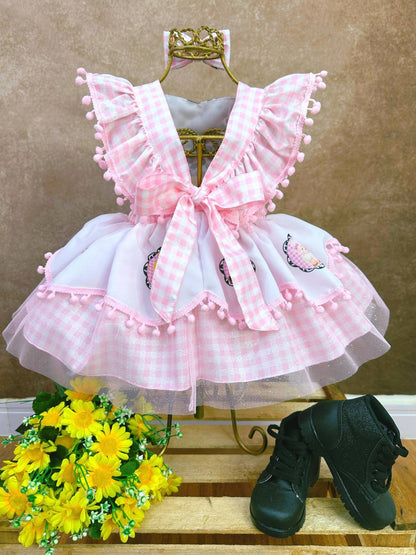 Mono de granja de vaca a cuadros rosas con lazo para fiestas de lujo