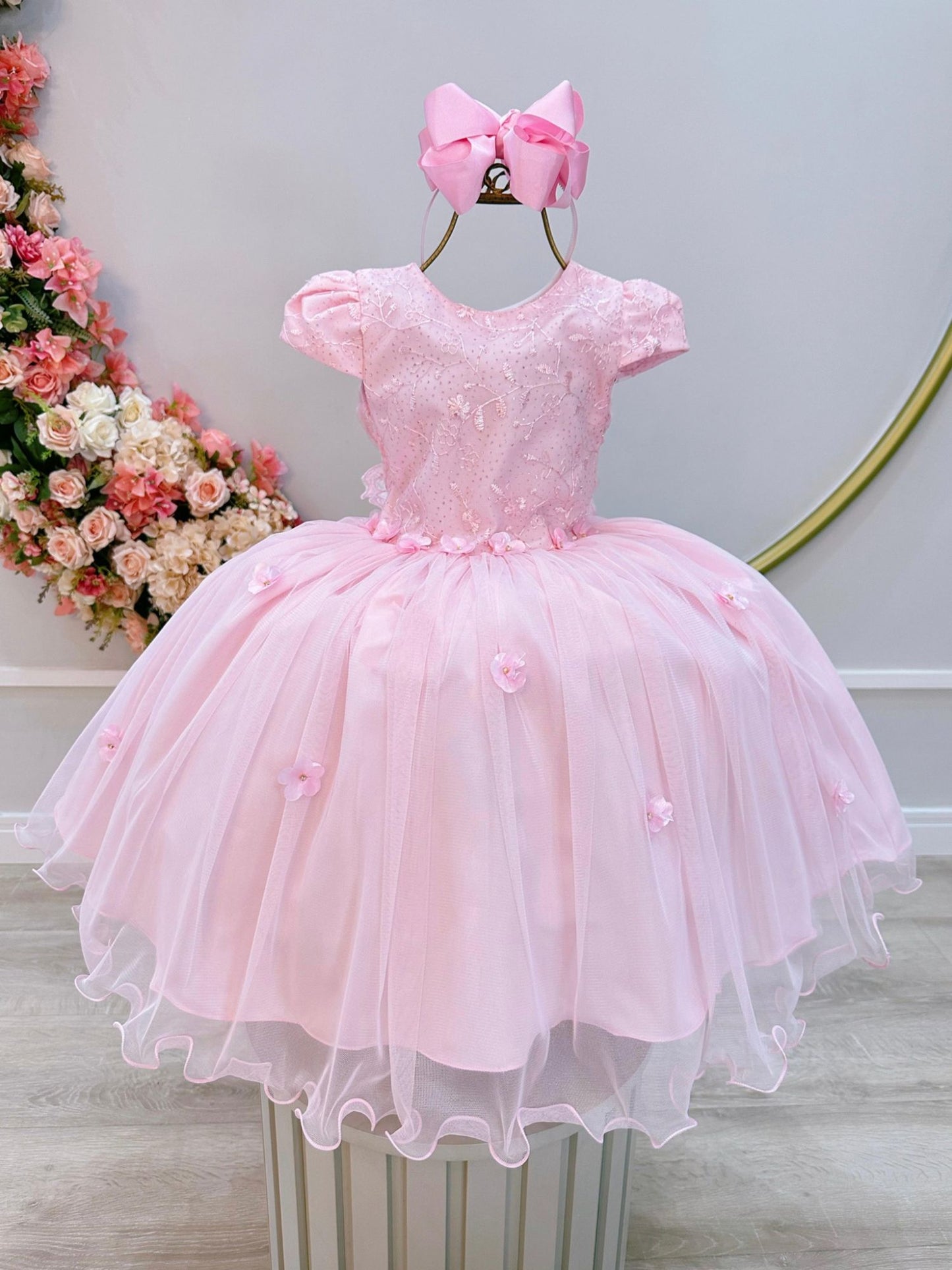 Vestido Infantil Rosa Claro Festas Jardim Encantado Com Renda