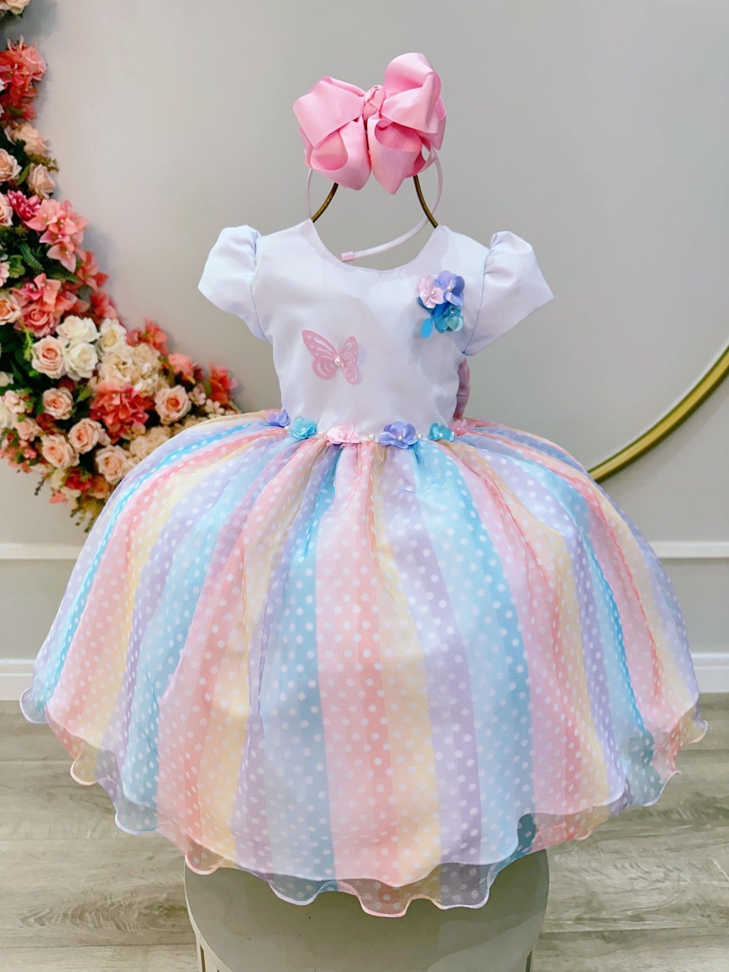 Vestido infantil blanco Jardín encantado Lluvia de amor Arcoíris