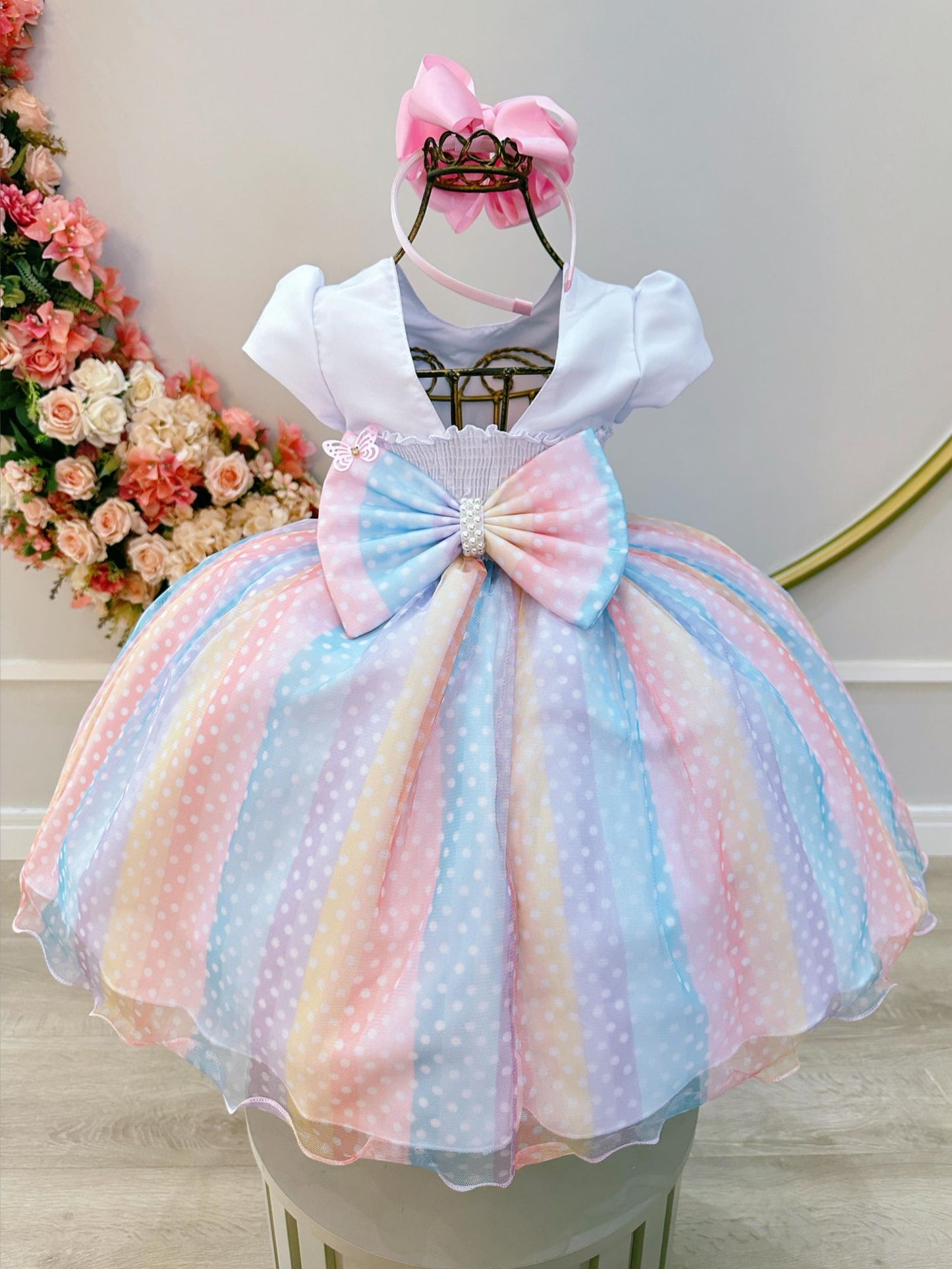 Vestido infantil blanco Jardín encantado Lluvia de amor Arcoíris