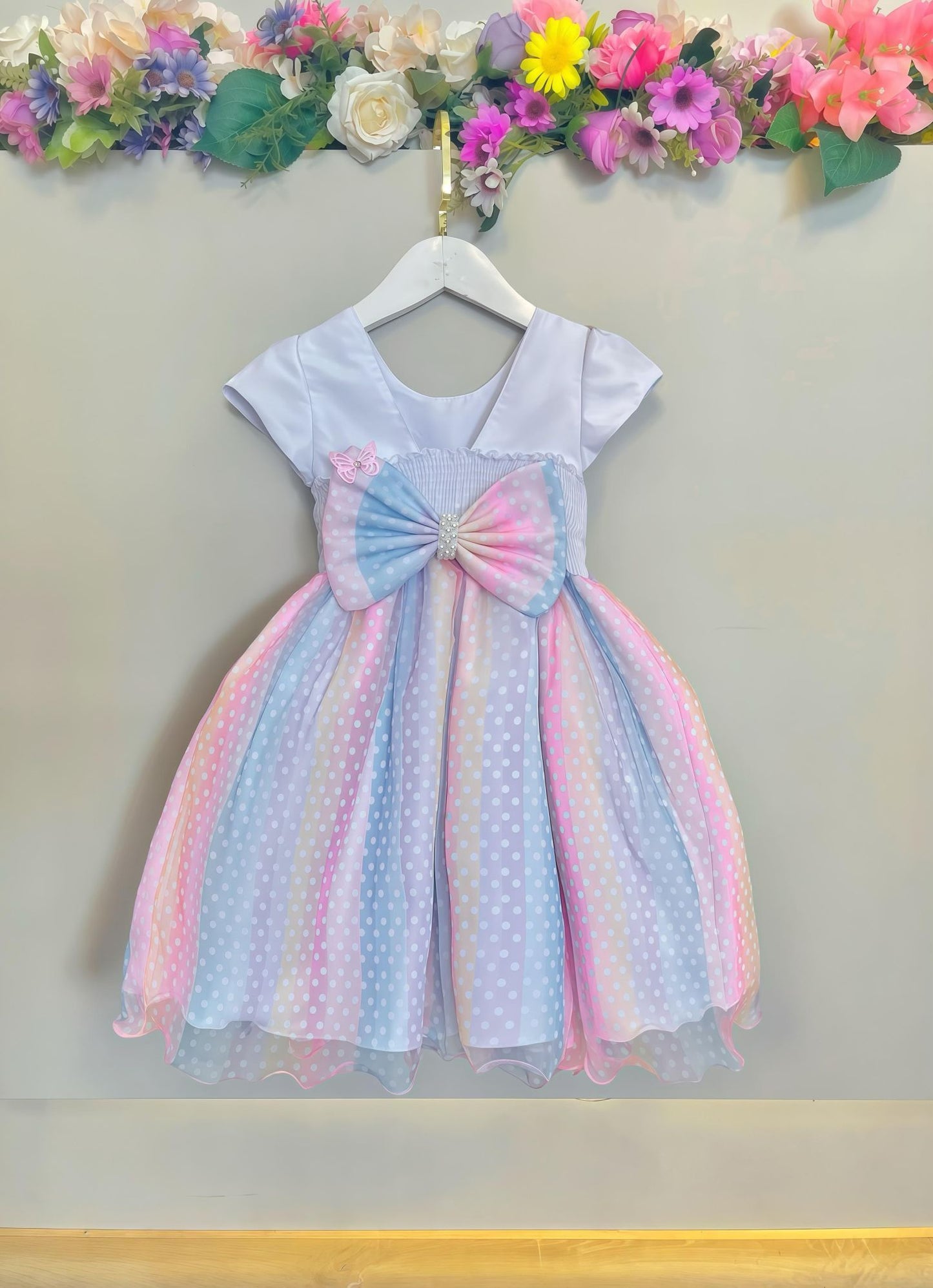 Vestido infantil blanco Jardín encantado Lluvia de amor Arcoíris