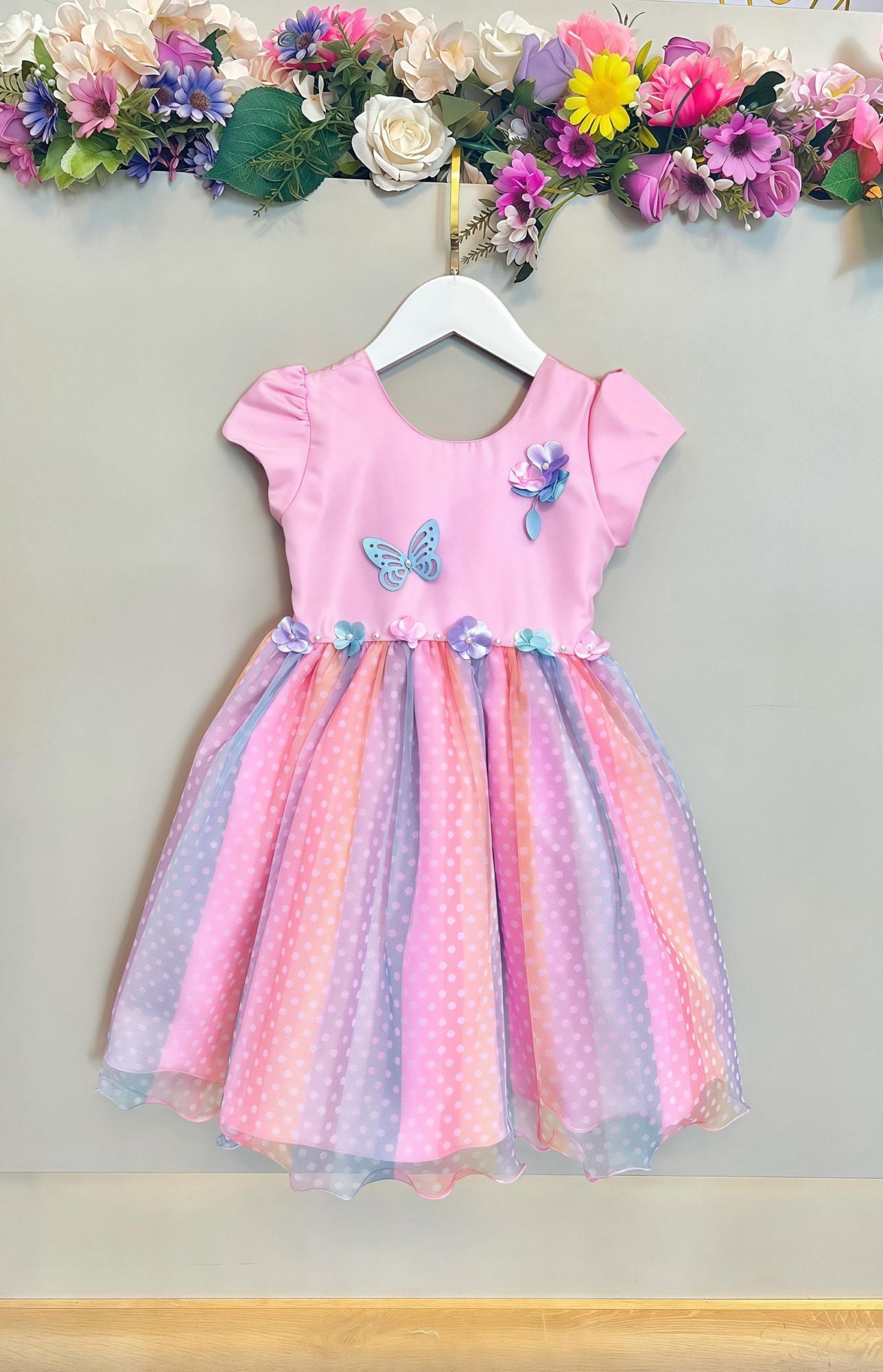 Vestido infantil rosa Jardín encantado Lluvia de amor Arcoíris