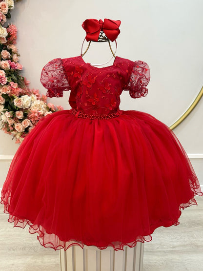 Vestido infantil rojo con busto y encaje para bodas