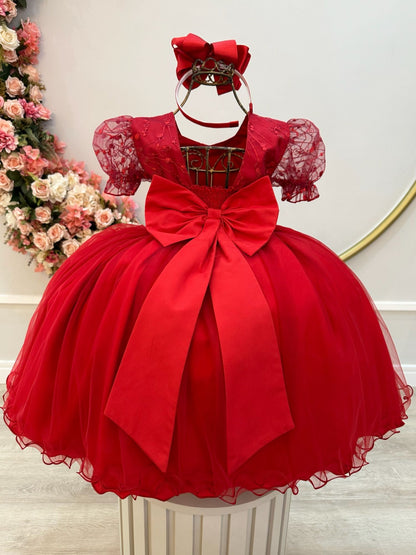 Vestido infantil rojo con busto y encaje para bodas