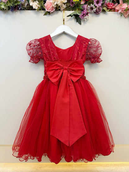 Vestido infantil rojo con busto y encaje para bodas