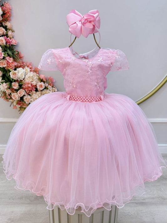 Vestido infantil rosa con busto y encaje para bodas