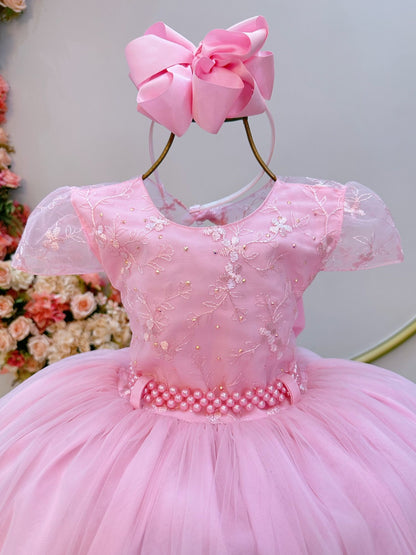 Vestido infantil rosa con busto y encaje para bodas