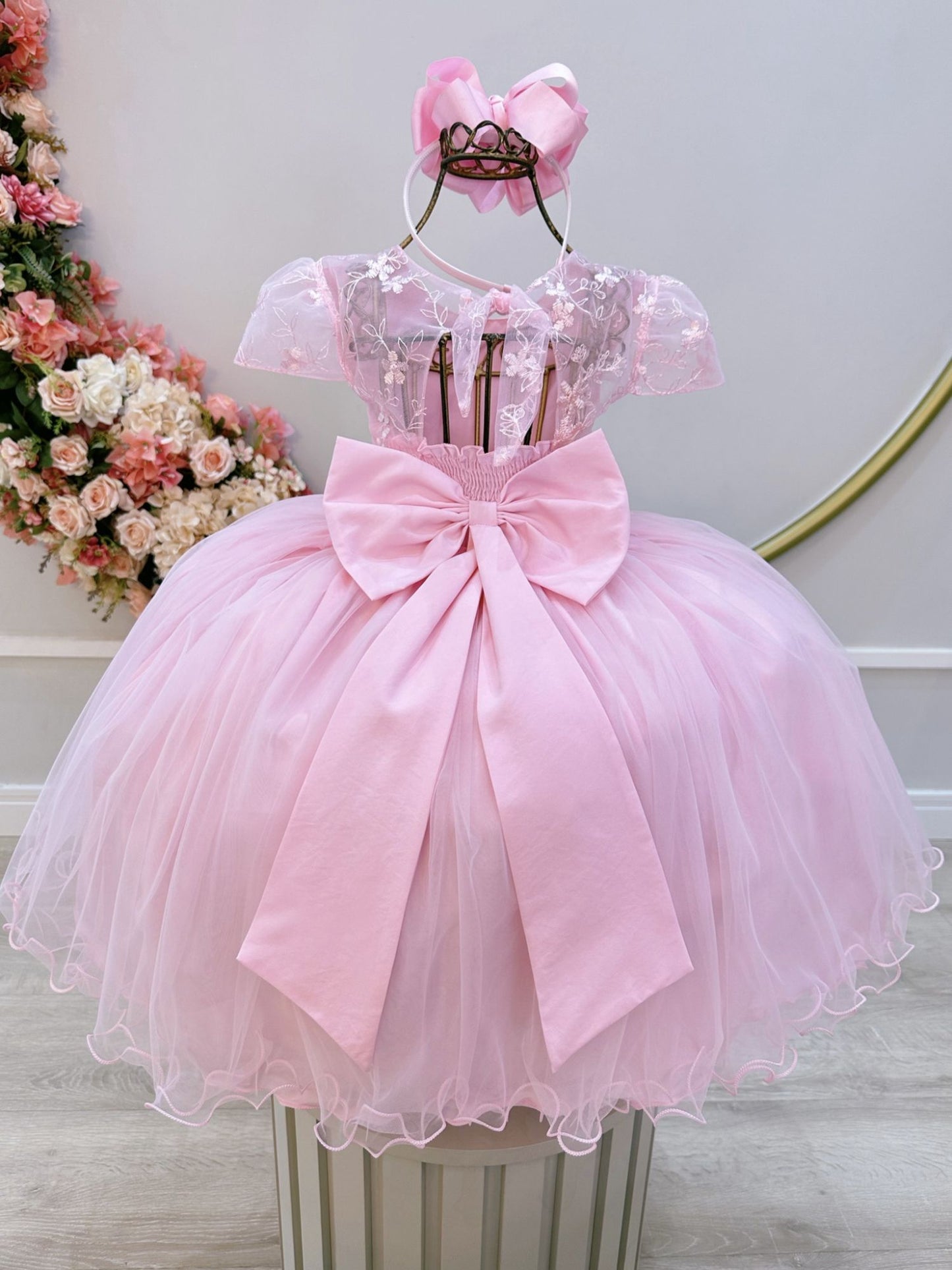 Vestido infantil rosa con busto y encaje para bodas