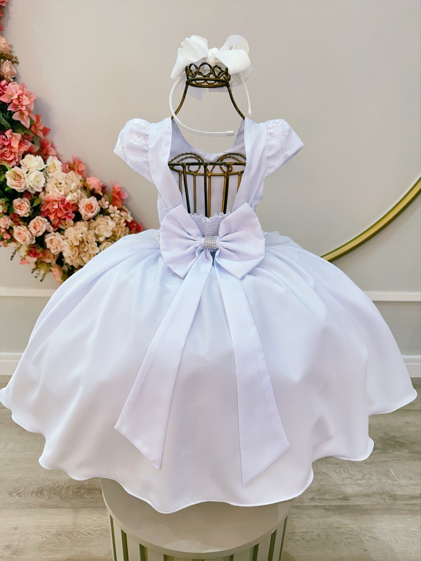 Vestido infantil blanco con busto y encaje para fiestas de damas de honor