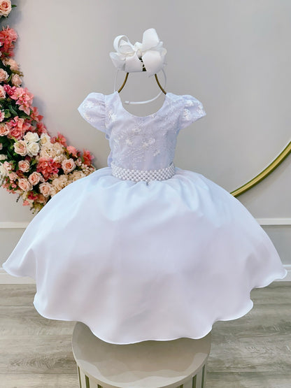 Vestido infantil blanco con busto y encaje para fiestas de damas de honor