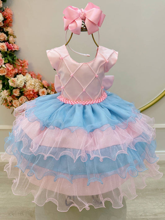 Vestido Infantil Rosa Claro Busto Nervura Saia Babados Coloridos