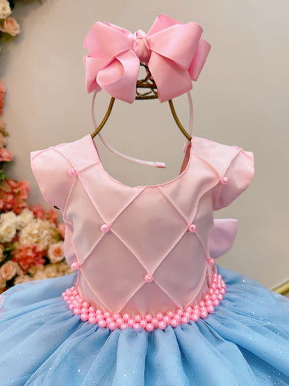 Vestido Infantil Rosa Claro Busto Nervura Saia Babados Coloridos