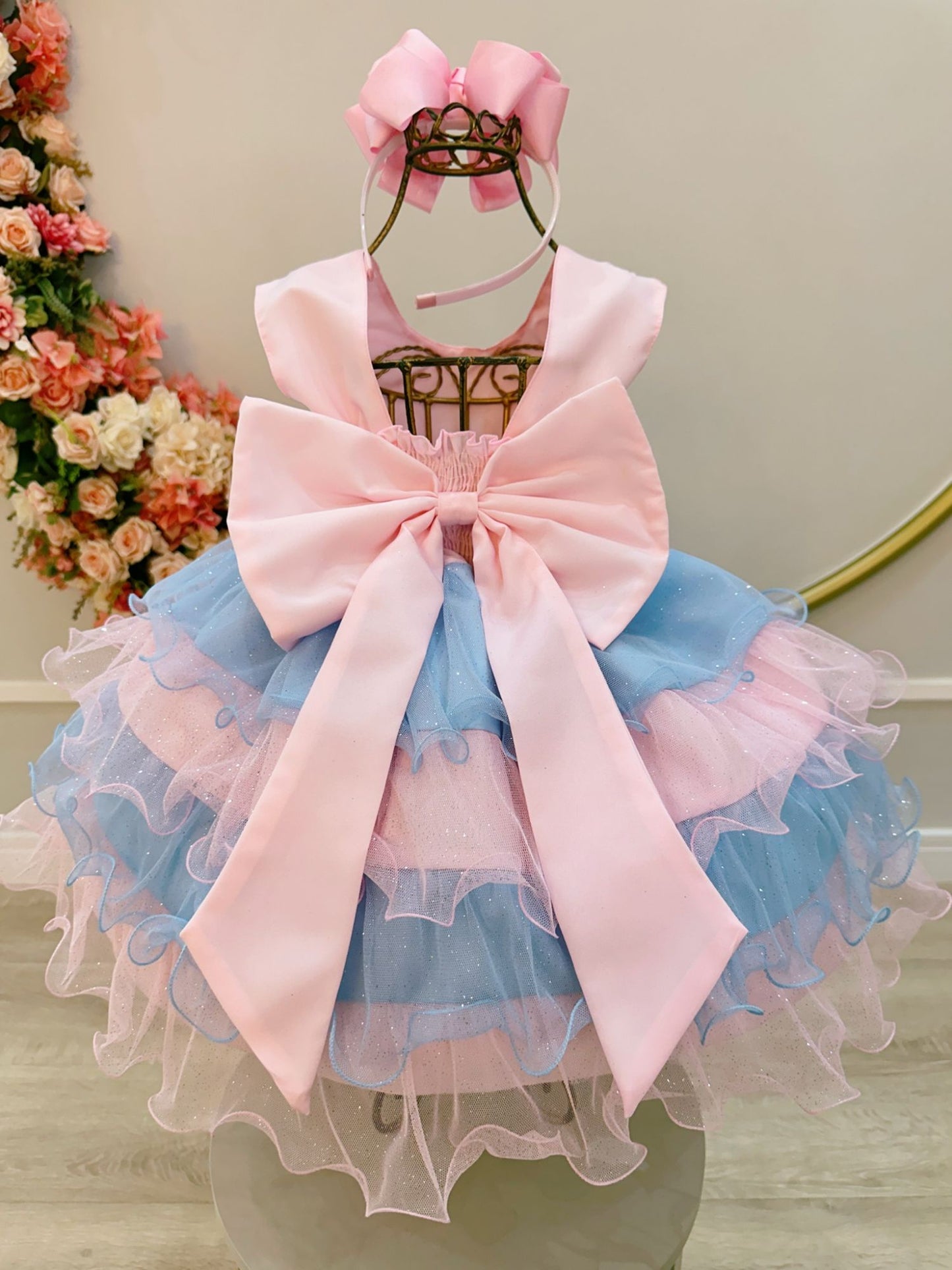 Vestido Infantil Rosa Claro Busto Nervura Saia Babados Coloridos