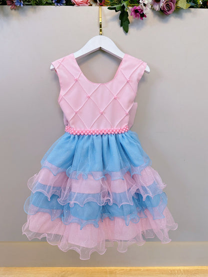 Vestido Infantil Rosa Claro Busto Nervura Saia Babados Coloridos