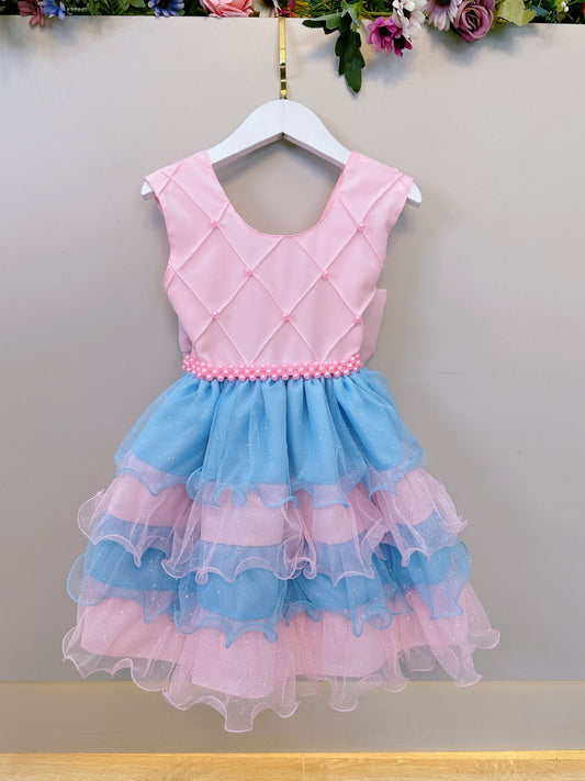 Vestido Infantil Rosa Claro Busto Nervura Saia Babados Coloridos