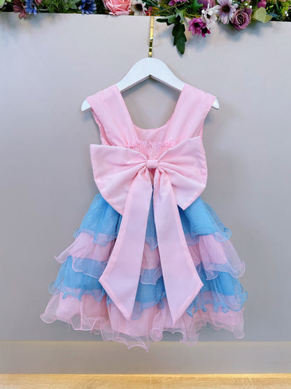 Vestido Infantil Rosa Claro Busto Nervura Saia Babados Coloridos