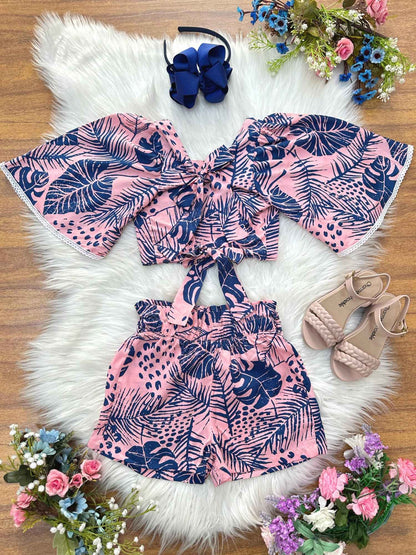 Conjunto corto floral rosa y azul para niña, informal, primavera