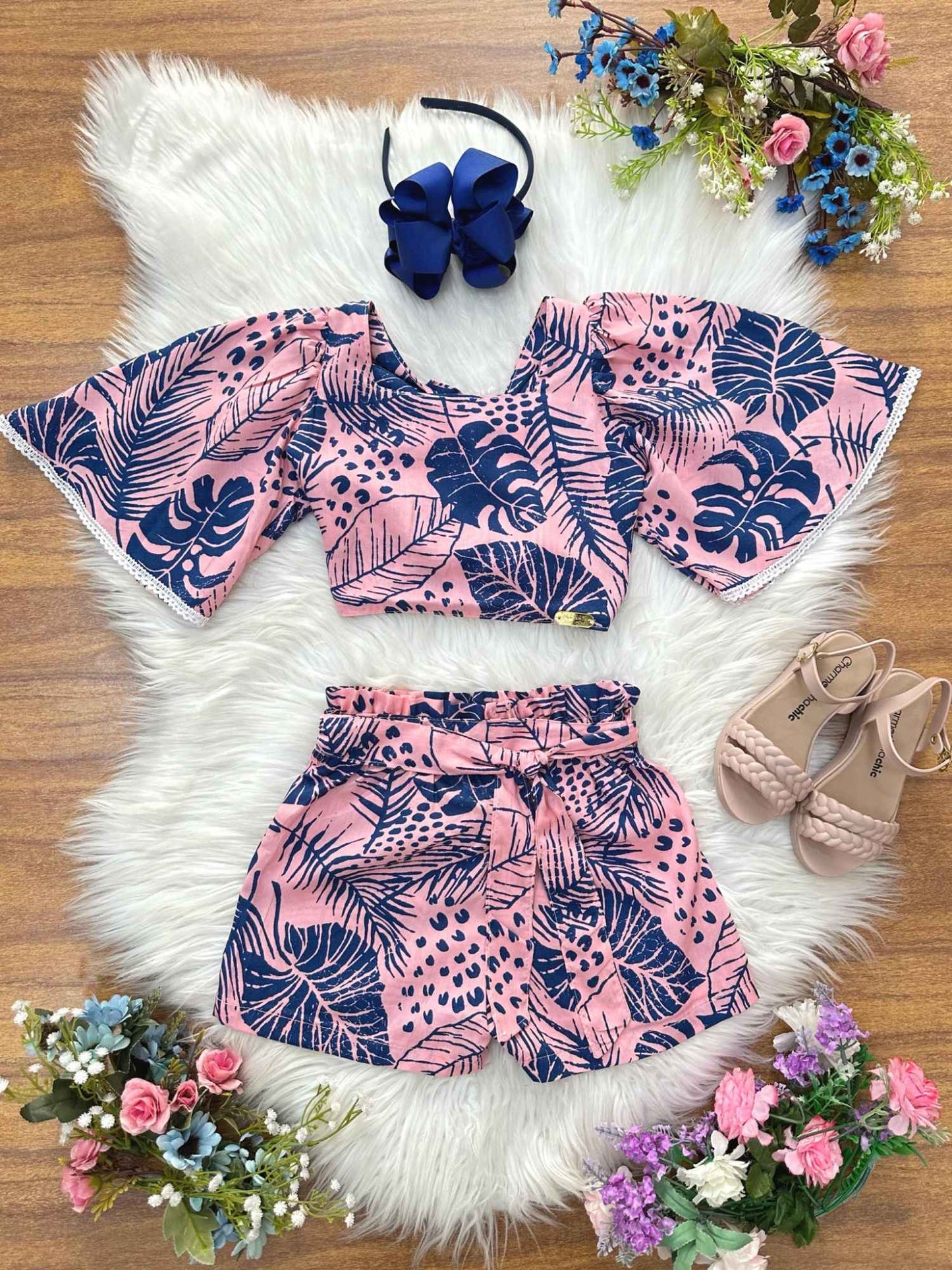 Conjunto corto floral rosa y azul para niña, informal, primavera